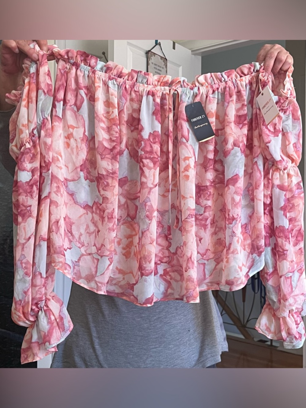 Pastel Pink and Mint Green Floral Off-Shoulder Satin Top